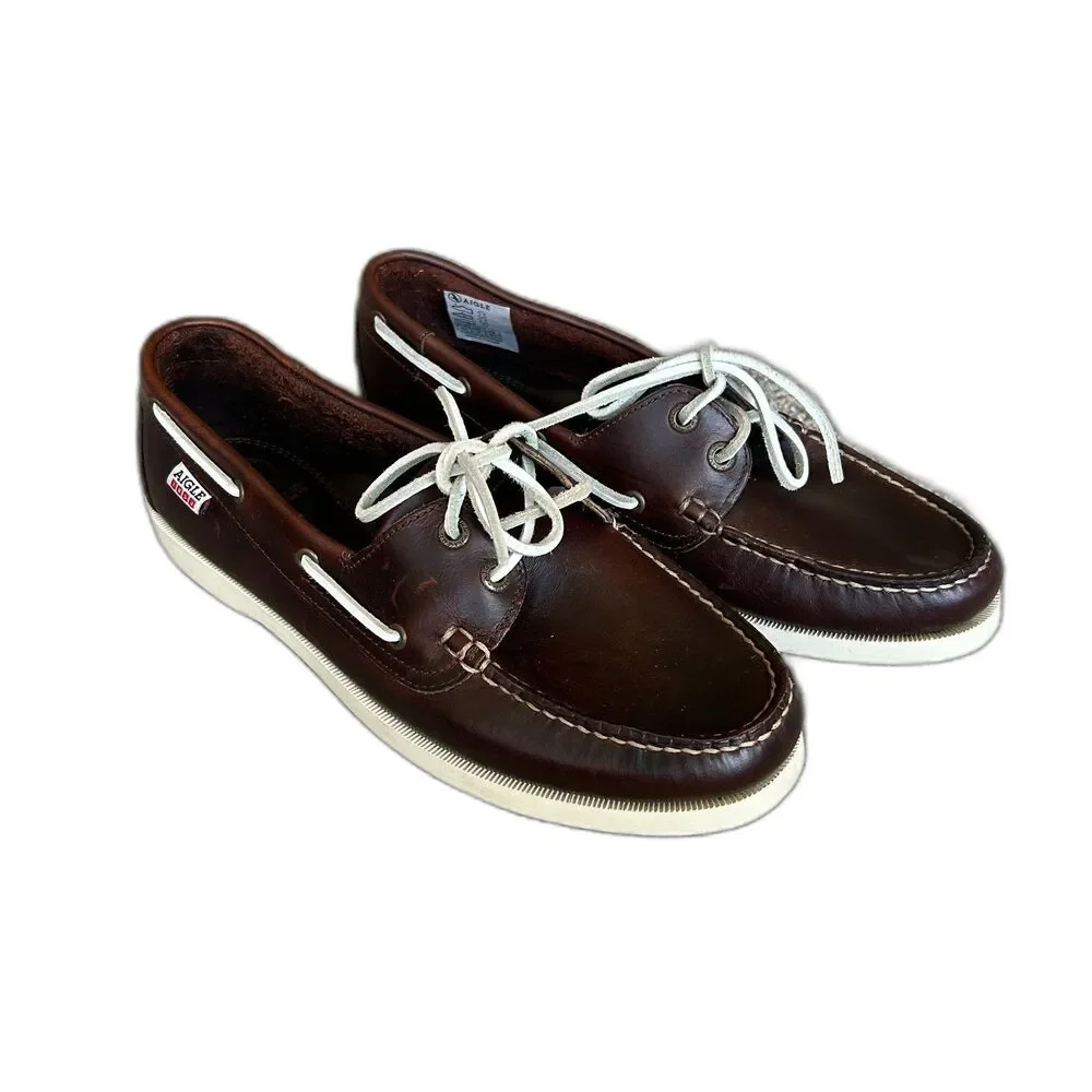 AIGLE 1853 LEATHER BOAT SHOES ELEGANT MENS 8.5 BROWN